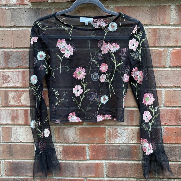 Nordstrom Mesh Sheer Floral Embroidered Long Sleeve XS Top 90s | Y2K - Picture 1 of 7